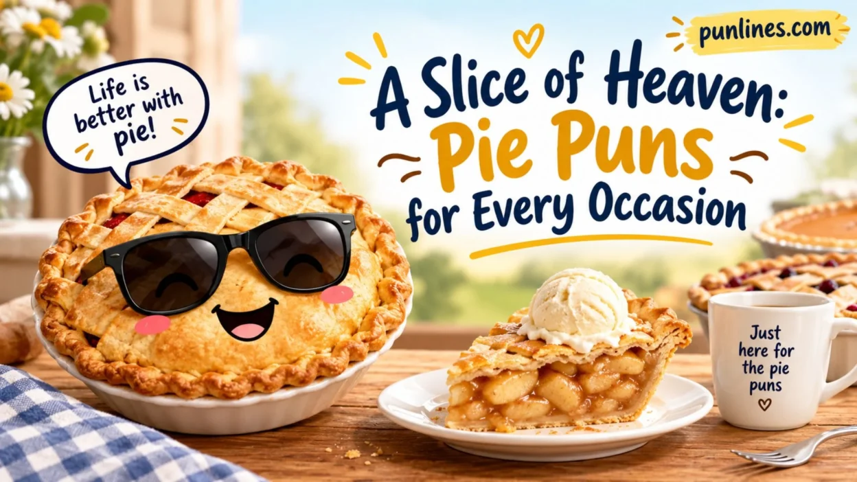 Cheerful pie puns banner with a smiling pie, pie slice, ice cream, and playful typography