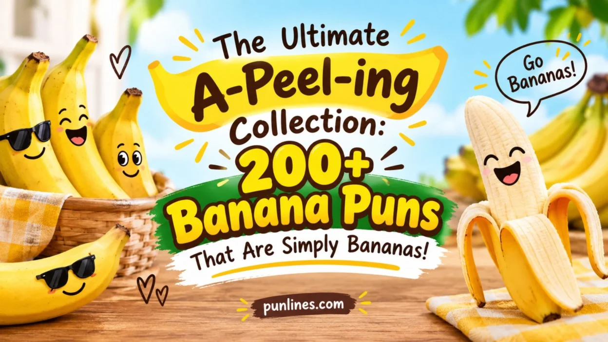 200+ funny banana puns with cheerful cartoon bananas and playful tropical design