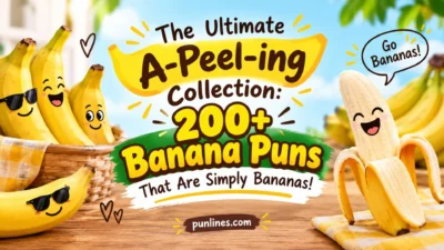 200+ funny banana puns with cheerful cartoon bananas and playful tropical design