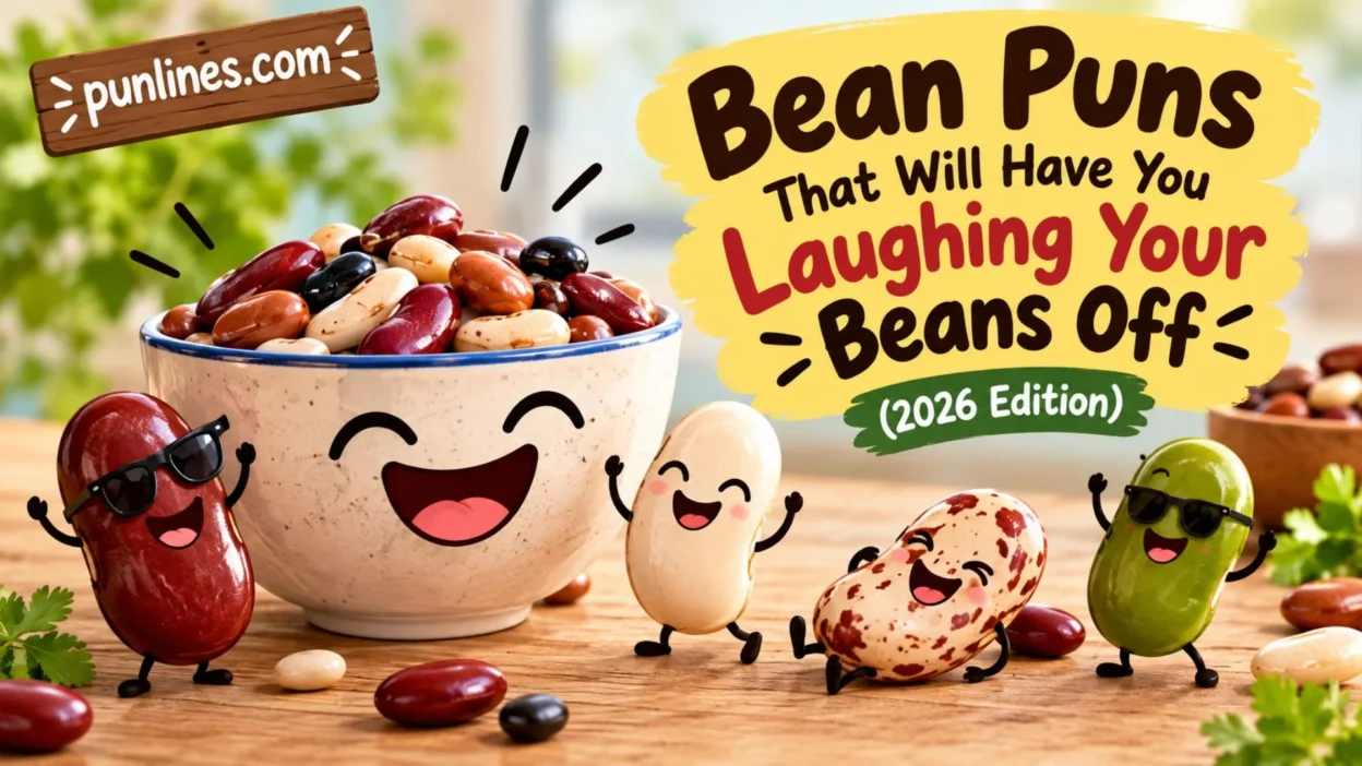 Funny bean puns graphic with colorful smiling beans and a bowl of beans