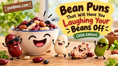 Funny bean puns graphic with colorful smiling beans and a bowl of beans