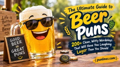 Beer puns graphic with a smiling beer mug, playful typography, and 200+ clean witty wordplays