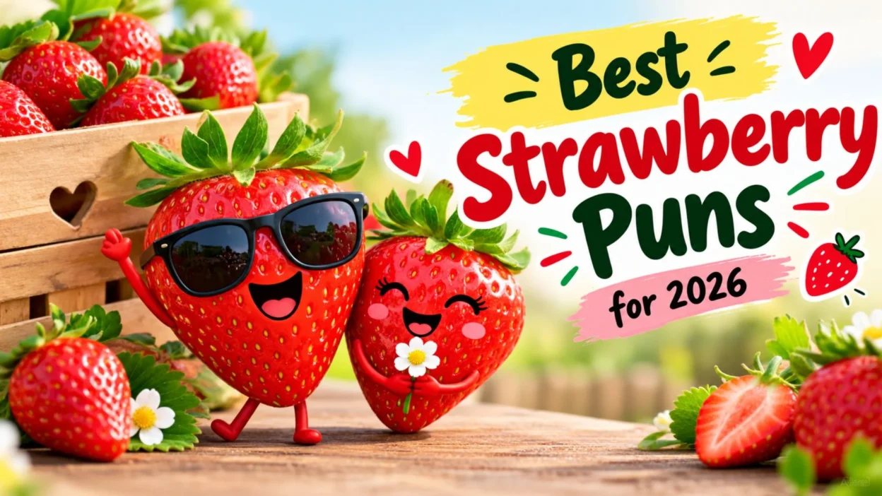Best strawberry puns for 2026 with cheerful strawberries, fresh fruit, and playful summer vibes
