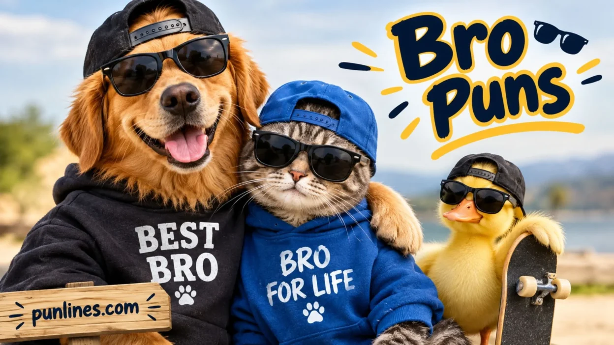 Funny bro puns with cool dog, cat, and duck wearing sunglasses