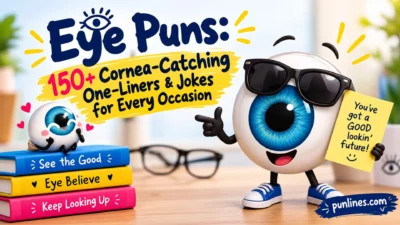 Eye puns with funny cornea-catching jokes, sunglasses, and playful cartoon eyeball characters