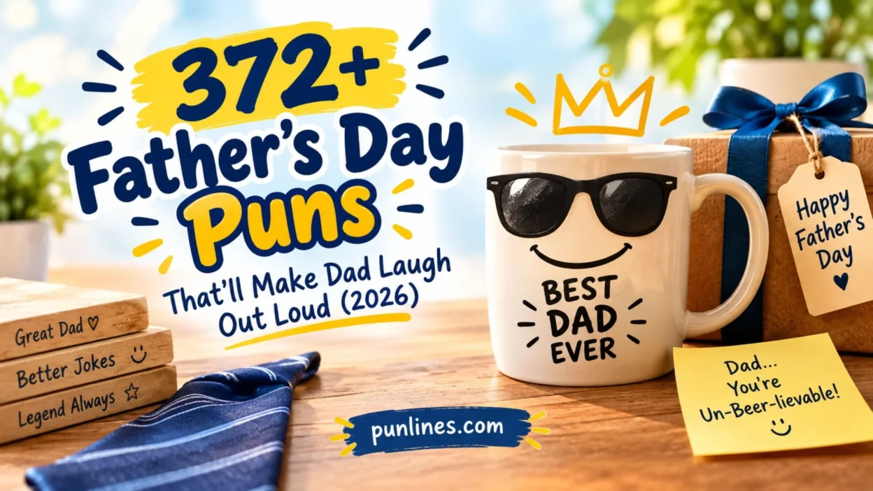 372+ Father’s Day puns graphic with funny dad jokes and Happy Father’s Day design