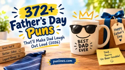 372+ Father’s Day puns graphic with funny dad jokes and Happy Father’s Day design