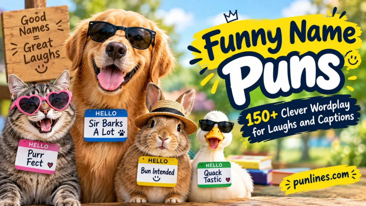 Funny name puns with playful animals and clever wordplay for laughs and captions