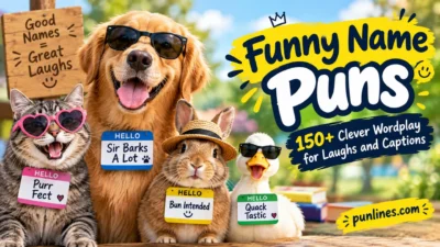 Funny name puns with playful animals and clever wordplay for laughs and captions