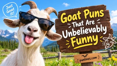 Funny goat wearing sunglasses beside a sign featuring hilarious goat puns in a mountain meadow