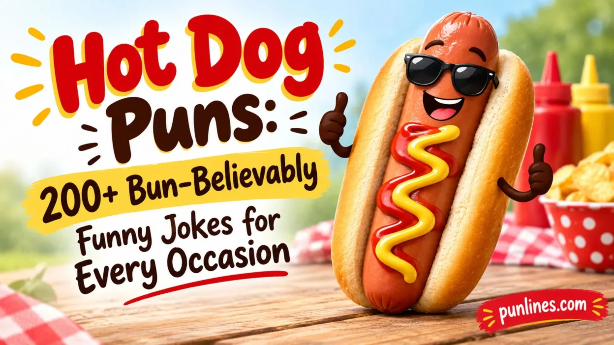 Hot dog puns banner with a cheerful hot dog in sunglasses, mustard, ketchup, and funny joke text