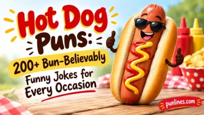 Hot dog puns banner with a cheerful hot dog in sunglasses, mustard, ketchup, and funny joke text