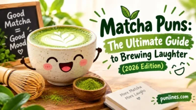 Cute matcha cup with whisk and matcha powder for a fun matcha puns 2026 graphic