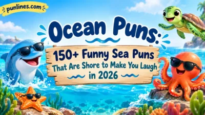 Ocean puns cartoon with funny sea creatures, waves, and 150+ funny sea puns for 2026