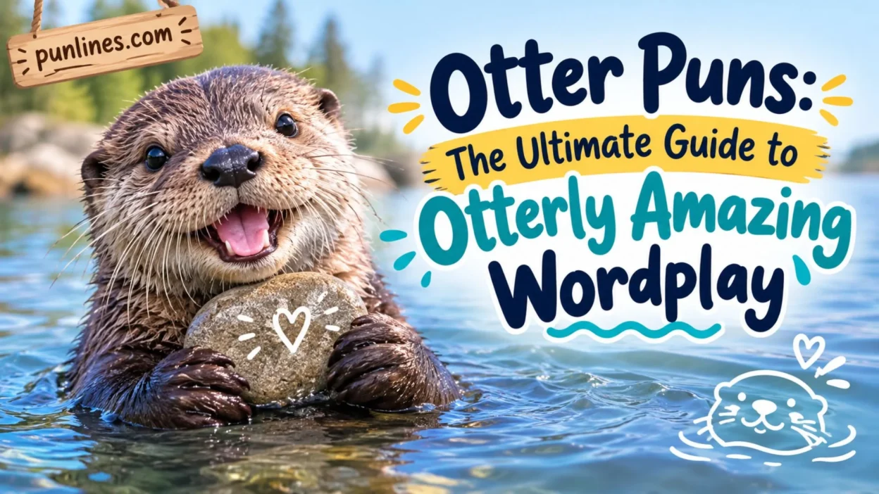 Cute otter holding a heart-shaped rock with playful otter puns and wordplay text