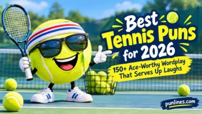 Best tennis puns for 2026 with a funny tennis ball character on a court