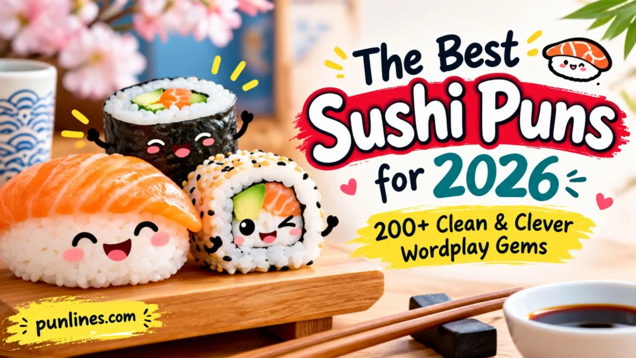 Cute sushi rolls with “The Best Sushi Puns for 2026” and 200+ clean, clever wordplay gems