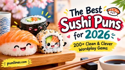 Cute sushi rolls with “The Best Sushi Puns for 2026” and 200+ clean, clever wordplay gems
