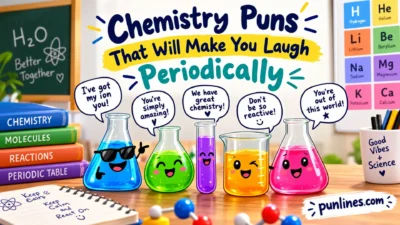 Colorful chemistry puns poster with funny lab flasks and periodic table