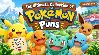 Pokémon puns banner with Pikachu, Charmander, Bulbasaur, Squirtle and Eevee
