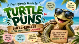 Funny turtle puns graphic with a smiling turtle in sunglasses on a tropical beach