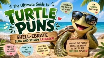 Funny turtle puns graphic with a smiling turtle in sunglasses on a tropical beach