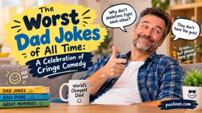 Funny worst dad jokes graphic featuring a smug dad and a skeleton joke in speech bubbles