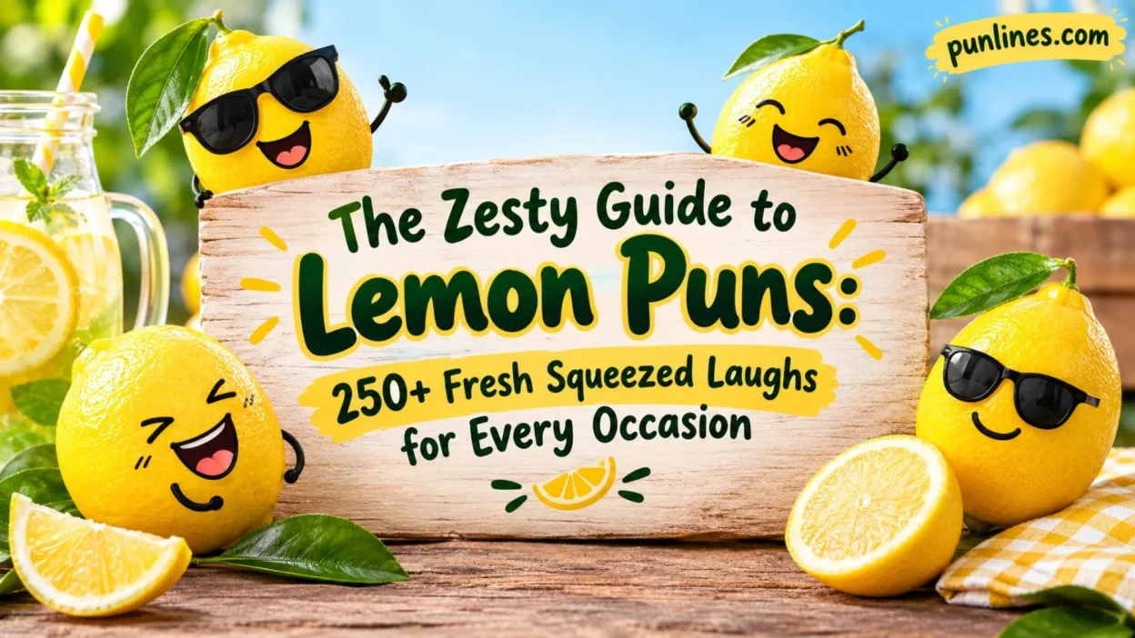 Cheerful lemon puns banner with fresh lemons, lemonade, and playful citrus characters