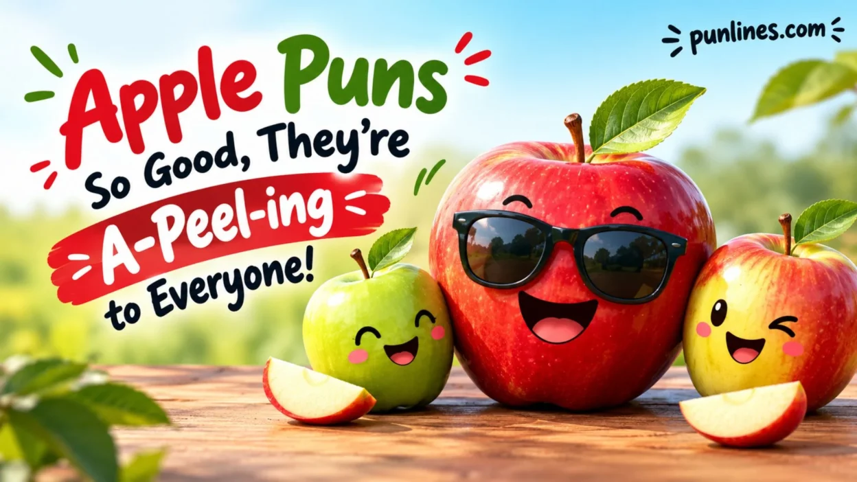 Funny apple puns graphic with cheerful cartoon apples and “A-Peel-ing” text