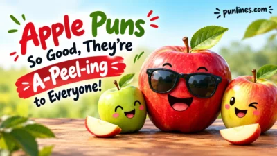 Funny apple puns graphic with cheerful cartoon apples and “A-Peel-ing” text