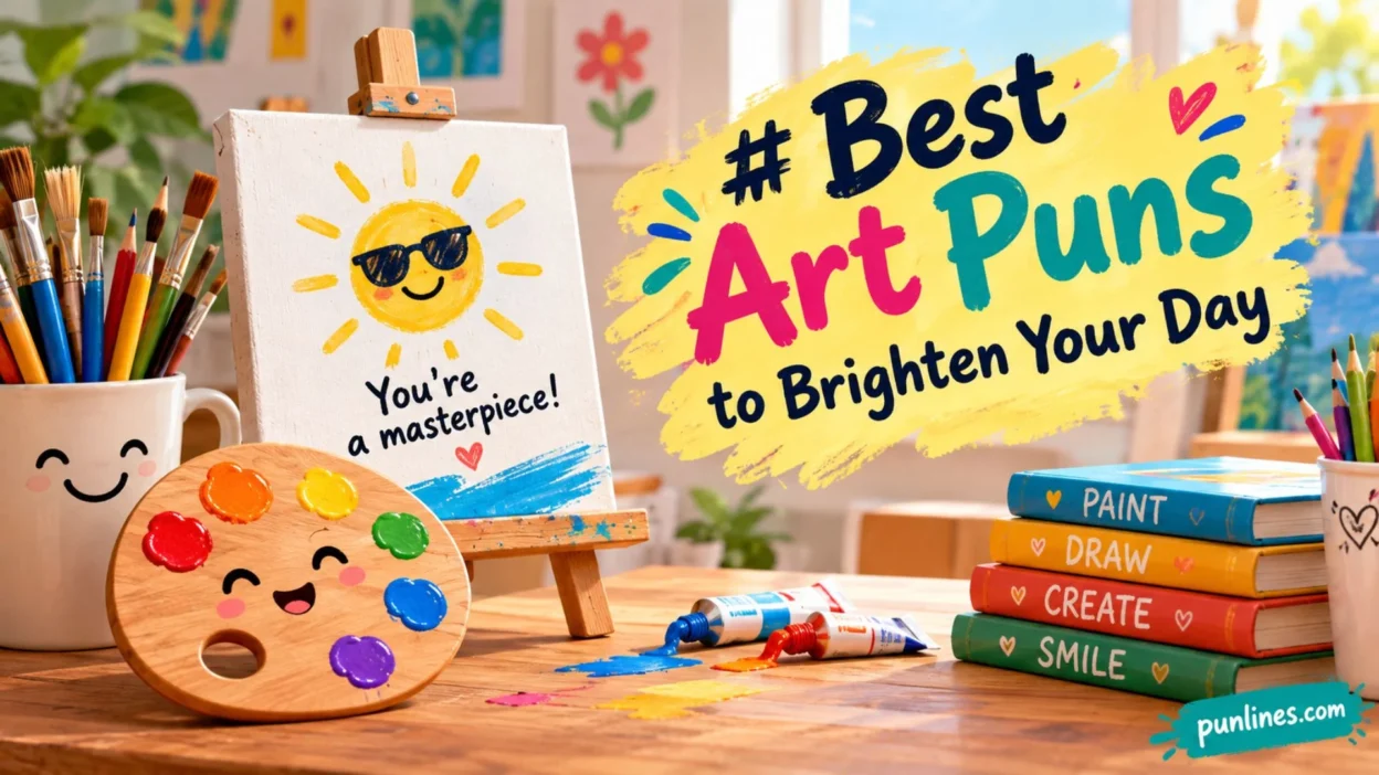 Colorful art studio scene with paint palette, brushes, easel, and “Best Art Puns” lettering