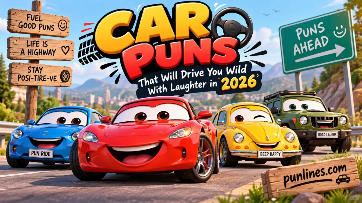 Car puns with colorful cartoon cars driving on a scenic road in 2026