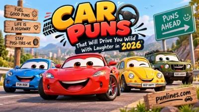 Car puns with colorful cartoon cars driving on a scenic road in 2026