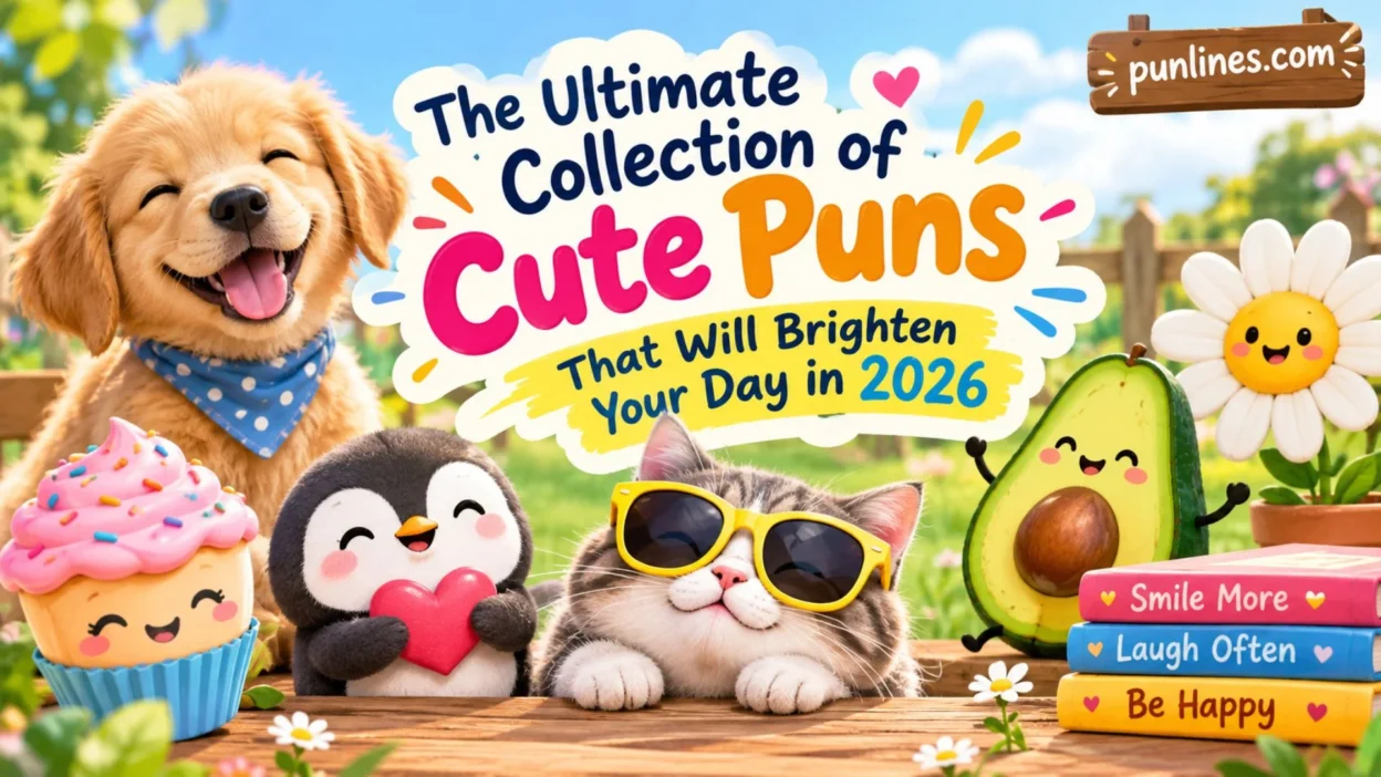 Cute puns collection with cheerful puppy, penguin, cat, avocado, cupcake, and daisy