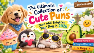 Cute puns collection with cheerful puppy, penguin, cat, avocado, cupcake, and daisy