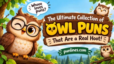 Cheerful owl with glasses beside an owl puns sign in a bright woodland scene