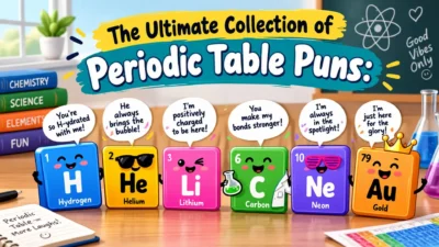Colorful periodic table puns with funny element characters in a playful chemistry classroom