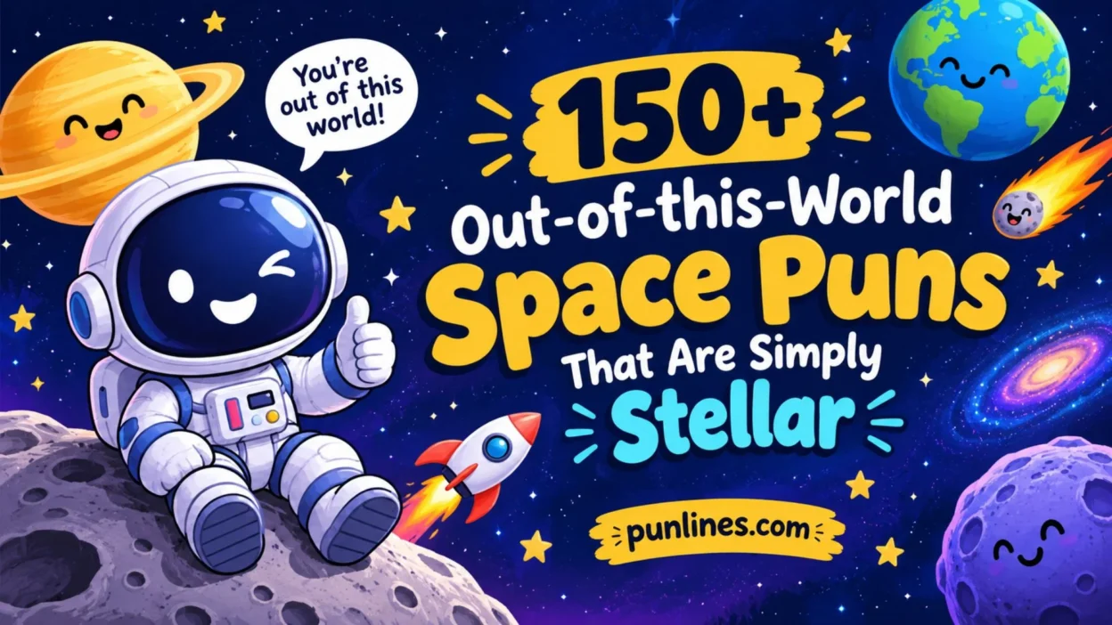 150+ funny space puns with a cute astronaut, planets, rocket, and colourful stars
