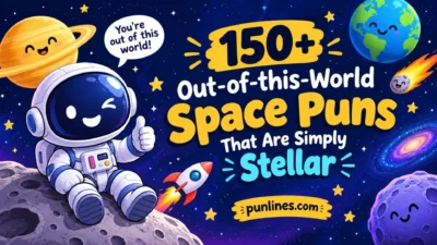 150+ funny space puns with a cute astronaut, planets, rocket, and colourful stars