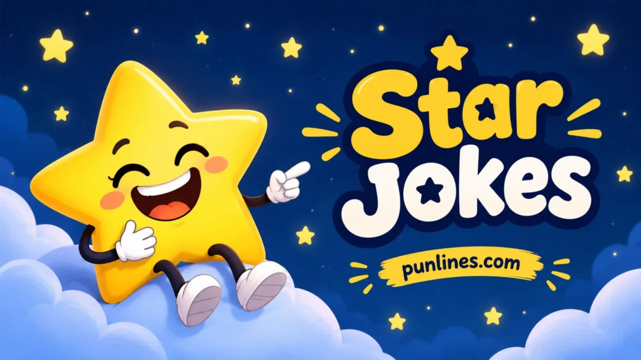 Funny star jokes cartoon with a smiling yellow star in a night skyFunny star jokes cartoon with a smiling yellow star in a night sky