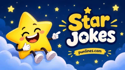 Funny star jokes cartoon with a smiling yellow star in a night skyFunny star jokes cartoon with a smiling yellow star in a night sky
