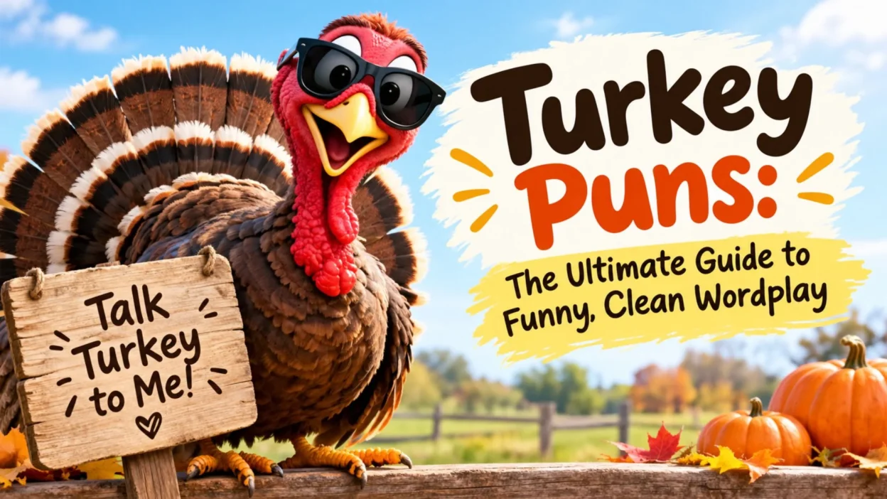 Funny turkey wearing sunglasses with a Talk Turkey to Me sign for clean turkey puns