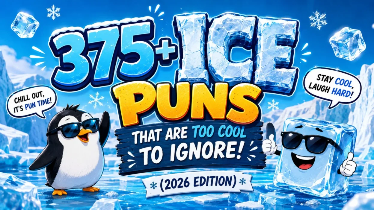 375+ ice puns graphic with a penguin and smiling ice cube in a snowy scene