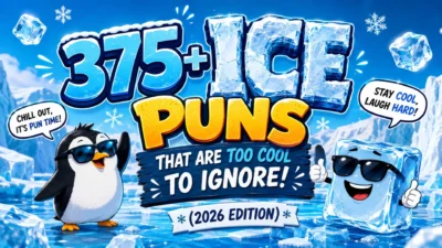 375+ ice puns graphic with a penguin and smiling ice cube in a snowy scene