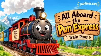 Cheerful cartoon train on a scenic track with a wooden sign for funny train puns
