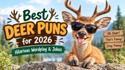 Best deer puns for 2026 featuring a funny deer wearing sunglasses with humorous wordplay and jokes.