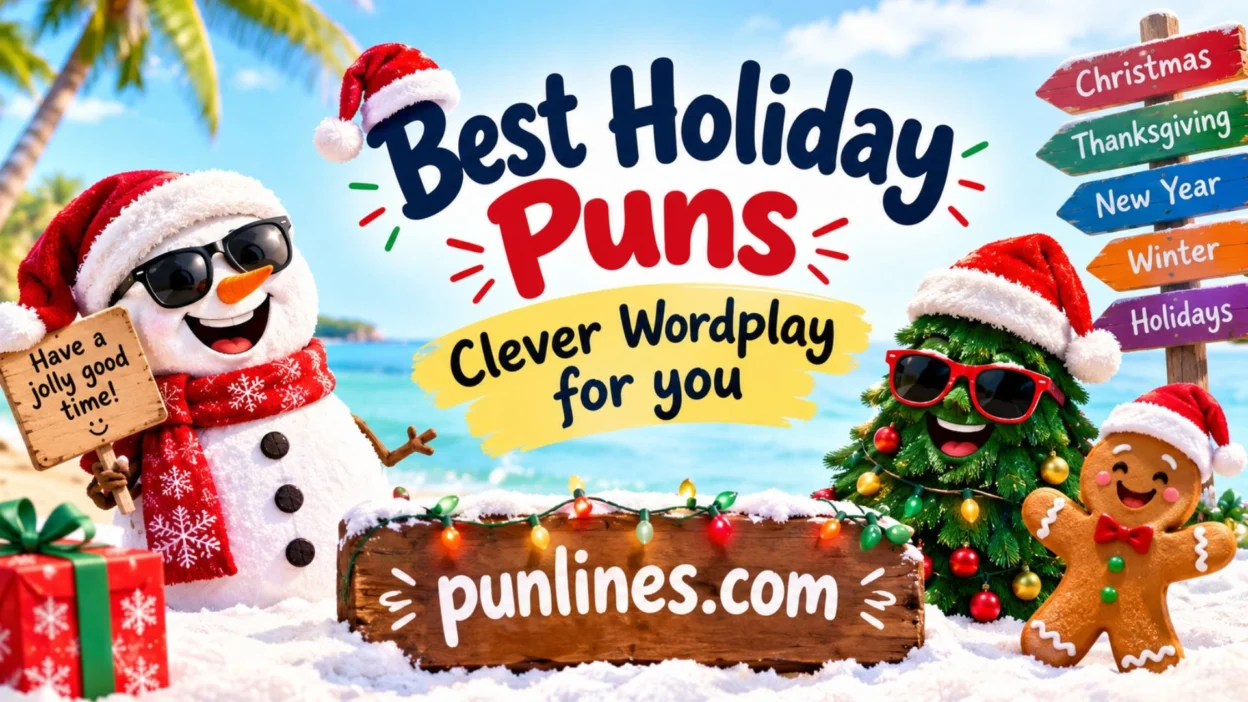 Best holiday puns banner with a cheerful snowman, festive Christmas tree, gingerbread cookie, and colourful holiday decorations.