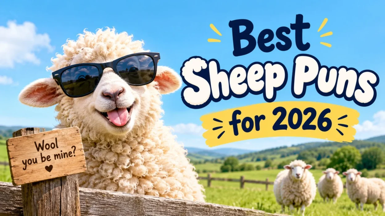 Best sheep puns for 2026 with a smiling sheep wearing sunglasses in a sunny green pasture