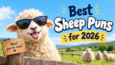 Best sheep puns for 2026 with a smiling sheep wearing sunglasses in a sunny green pasture
