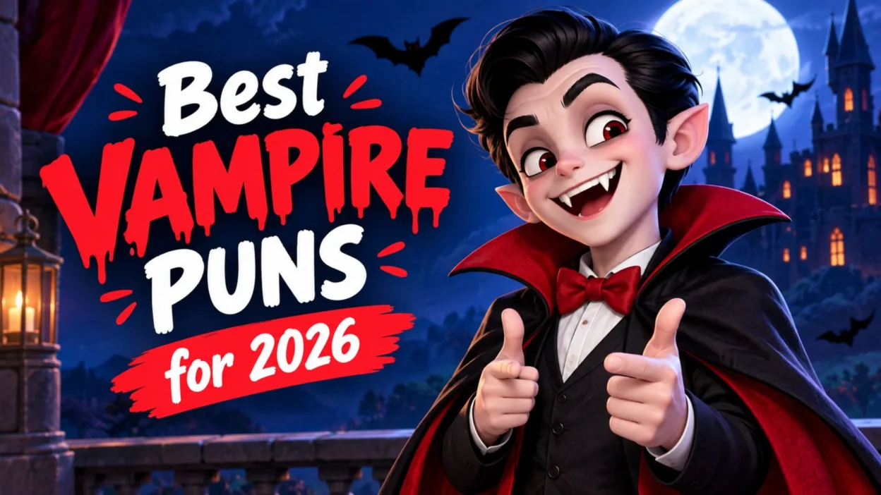 Cheerful cartoon vampire with fangs beside a moonlit castle for the best vampire puns in 2026